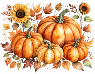 A still life composition featuring pumpkins and sunflowers against a clean white backdrop