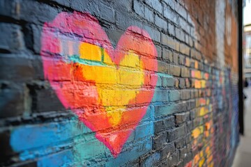 Painted heart on brick wall with bright colors of yellow, red, and blue. It shows support, love, or a campaign to promote positivity and happiness.