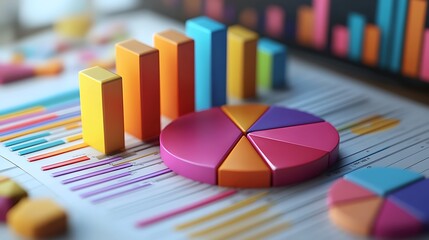 Fototapeta premium Colorful 3D Pie Chart and Bar Graph in Abstract Setting