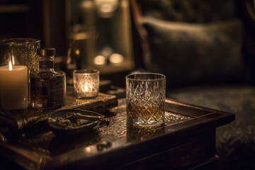 A sophisticated evening with a glass of whiskey in a dimly lit, elegant speakeasy