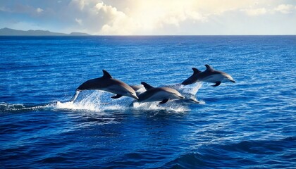 Fototapeta premium Una bandada de delfines salta alegremente del agua y juega en el océano.