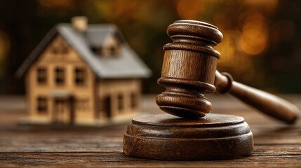 Wooden gavel on sound block with blurred house model background. Concept of real estate law, property rights, auction or legal process. Real estate, home buying selling topics