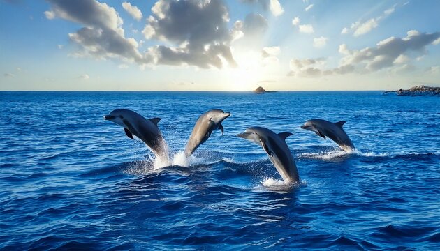 Una bandada de delfines salta alegremente del agua y juega en el oc&eacute;ano.