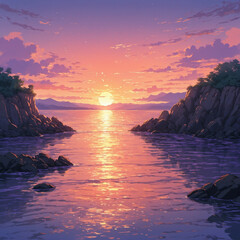 Sunset glow lights the sky in soft purple and peach above gentle waves and scattered rocks in a tranquil anime landscape