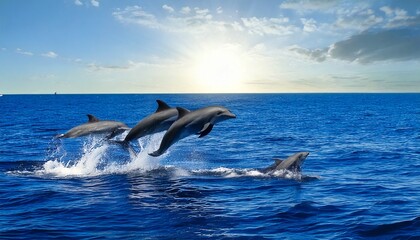 Naklejka premium Una bandada de delfines salta alegremente del agua y juega en el océano.