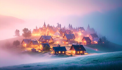 ミニチュア ファンタジー 夢 幻想 家 街 明かり かわいい 柔らかい 光 雰囲気 パステル アート 素材 背景 ブランディング マーケティング プロモーション 成果 コンセプト