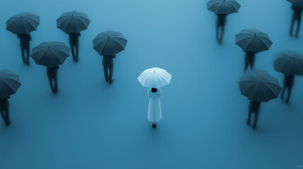 Abstract Image Of White Umbrella Figure Among Scattered Grey Crowd