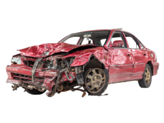 Damaged red car needing repairs after a collision, cut out transparent