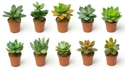A collection of twelve small potted succulents showcases diverse varieties and colors of these popular low-maintenance houseplants against a clean white background ideal for home