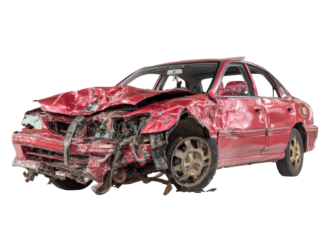 Damaged red car needing repairs after a collision, cut out transparent