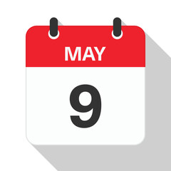 May 9 Daily Calendar. Red Theme on White Background