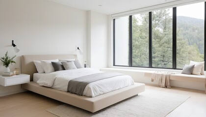 Fototapeta premium Modern Minimalist Bedroom with Large Window and Mountain View