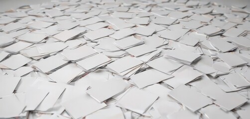 Blank index cards scattered, organized mess on white background,  organization,  photography
