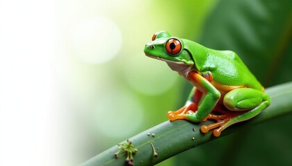 Naklejka premium Green tree frog perched on white, vibrant colors, animal, frog