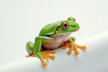 Obraz premium Green tree frog perched on white, vibrant colors, photography, asset