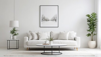 Modern Minimalist Living Room Interior with White Sofa and Abstract Art