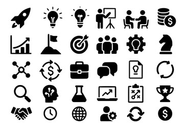 Startup and Business Strategy Icons Set &ndash; Growth, Innovation, Teamwork, and Planning