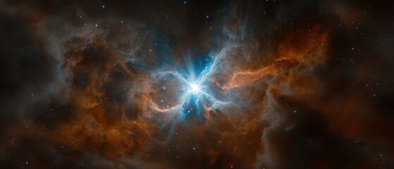 Obraz premium Dramatic Wide Angle View of a Nebula in Deep Space with Stars and Clouds of Gas and Dust in Orange and Blue Colors