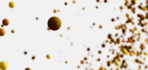 Floating gold spheres on white. Abstract, luxury, elegant.