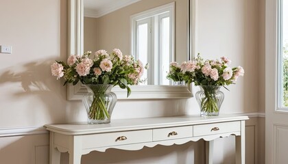 Fototapeta premium Pink Roses in Crystal Vases on White Console Table with Mirror Reflection