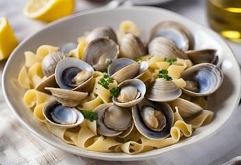 Clam Pasta, A delectable dish featuring tender pasta combined with succulent clams, sauteed garlic and a splash of white wine, creating a flavorful aromatic seafood experience.
