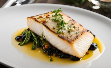 Pan-seared halibut served with a flavorful sauce, featuring a crispy golden crust and tender, flaky interior paired with a rich complementary sauce.