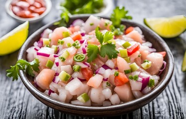 Ceviche is a refreshing Latin American dish made from raw fish or seafood marinated in citrus juices mixed with onions, tomatoes, cilantro and spices for a vibrant tangy flavor.