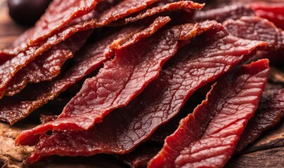 Beef jerky made from lean trimmed meat, cut into strips and carefully dehydrated. This process preserves the meat, enhancing flavor while preventing spoilage and ensuring freshness.