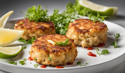 Crab cakes are served with fresh vegetables and a wedge of lime, adding a zesty refreshing touch to the delicious seafood dish, enhancing its vibrant flavors.