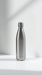 Sleek stainless steel water bottle standing upright on a glossy white surface with soft natural shadows.