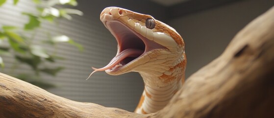 Close-up of Corn Snake Yawning on Branch Showing Tongue and Scales Captive Reptile Exotic Pet Terrarium