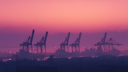 Fototapeta premium Cargo ships at dawn with geometric container shapes, a serene seaport awakening to soft morning light 