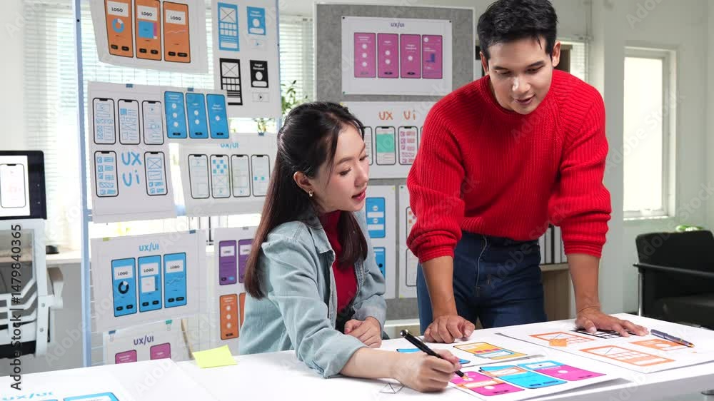 Poster ux and ui designers collaborating on mobile application development, analyzing wireframes and strate