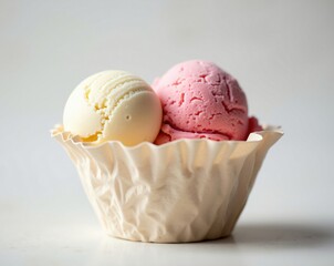 Delicious ice cream served in a paper cup with classic flavors of vanilla and strawberry