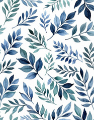 Fototapeta premium A repeating pattern of blue leaves on a white background