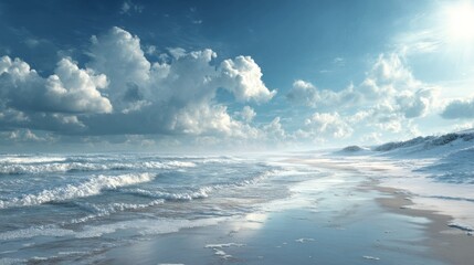 Serene Coastal Landscape: A Breathtaking View of Ocean Waves Gently Rolling onto a Sandy Shore Under a Cloudy Sky