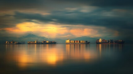 Naklejka premium Cargo ships at dawn with geometric container shapes, a serene seaport awakening to soft morning light 