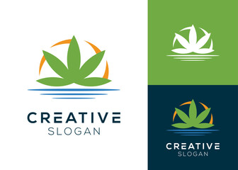 Lake cannabis logo. Cannabis leaf with river bank logo design for health and medicine