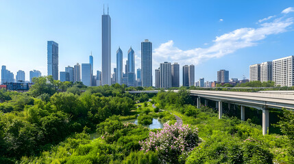 Obraz premium Urban Cityscape With Lush Green Park And Modern High-Rise Buildings