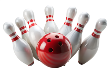 bowling ball hits bowling pins isolated on white background. PNG.AI GENERATED