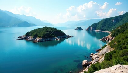 Fototapeta premium Irregular shaped lake with rocky shoreline and island, fall, panorama