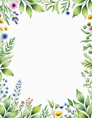 Naklejka premium A delicate watercolor floral frame with green leaves and flowers, suitable for wedding invitations, birthday cards, or as a decorative element