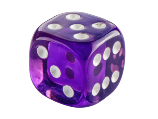 Colorful purple dice showing numbers on all sides for games, cut out transparent