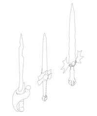 Three swords are drawn in black and white. The first is a long sword with a curved blade and a pointed tip. The second is a shorter sword with a straight blade and a pointed tip