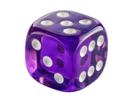 Colorful purple dice showing numbers on all sides for games, cut out transparent