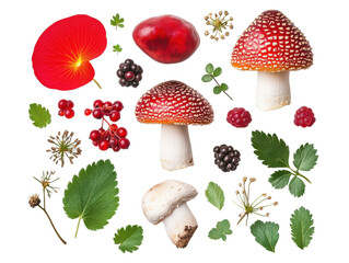 Colorful mushroom and berry collection for creative projects, cut out transparent