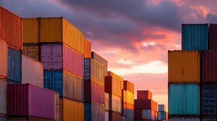 Fototapeta premium Cargo ships at dawn with geometric container shapes, a serene seaport awakening to soft morning light 