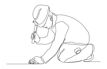 A single line drawing of a construction worker kneeling while using a hammer. It depicts labor, industry, and manual labor.