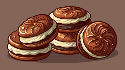Fototapeta premium A delightful fusion of rich chocolate cookies generously filled with smooth vanilla cream creates a mouthwatering visual on a clean background. The contrast of dark and light tones enhances the delic