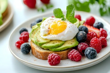 Healthy Breakfast with Avocado Toast and Berries in Morning Light